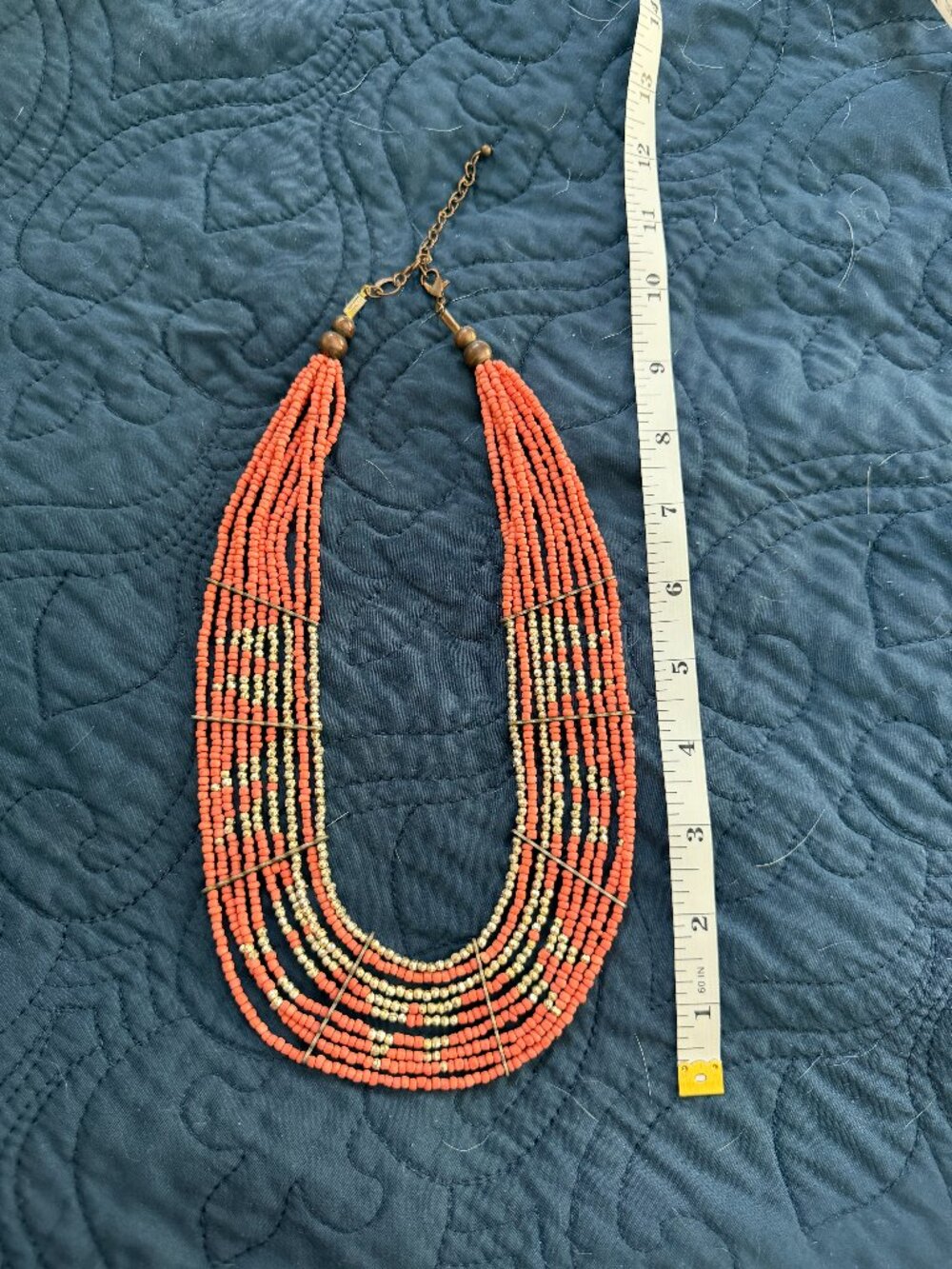 Vintage Multi Strand Salmon Pink & Gold Seed Bead Statement Collar Necklace